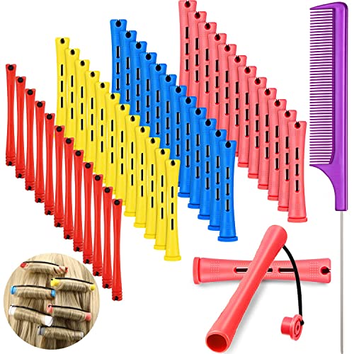 WILLBOND 48 Pieces Hair Perm Rods Short Cold Wave Plastic Perming Curling Rollers Curlers with Steel Pintail Comb Rat Tail for Hairdressing Styling Supplies (Multicolored, Assorted Sizes)