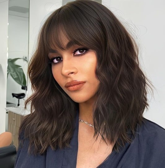 AISI HAIR Natural Brown Synthetic Curly Wavy Bob Wig with Bangs for Women, 21-23 Inches